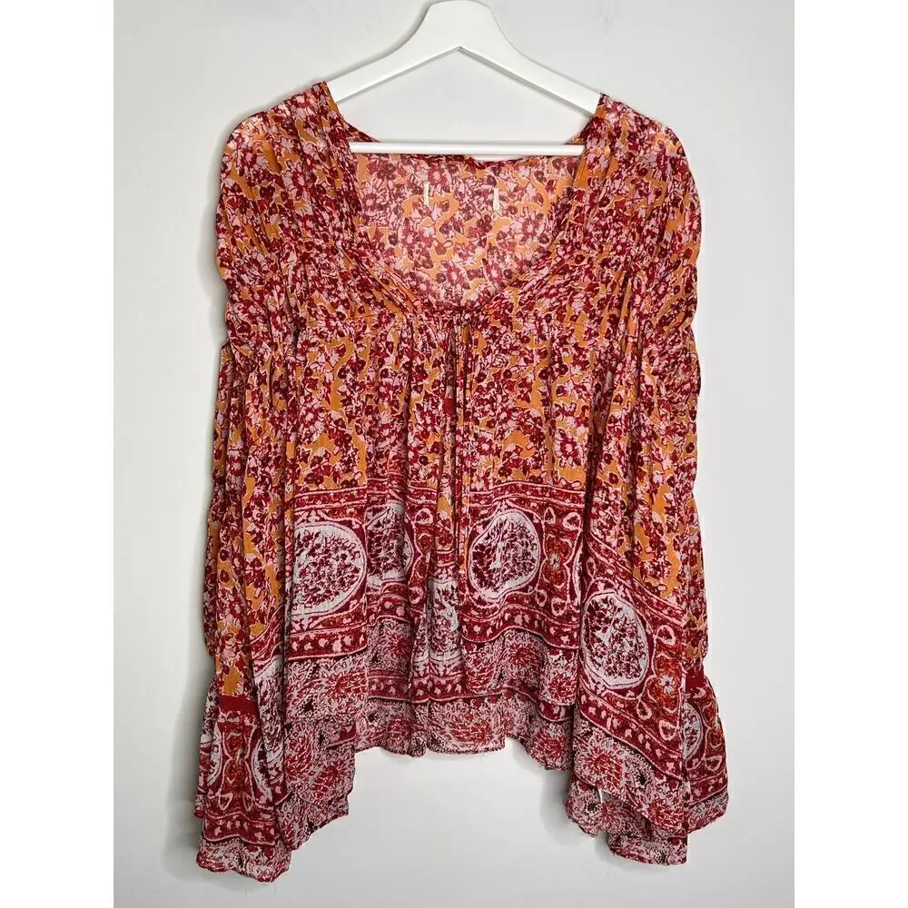 Free People Lorraine Tiered Tie Front Kimono Blouse Top Red/Yellow Womens Size M